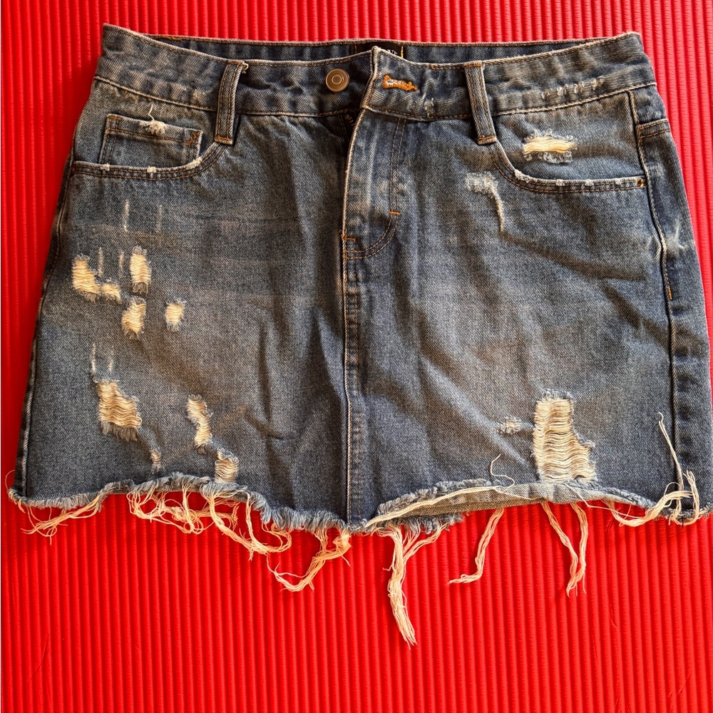 Denim Distressed Skirt - Picture 3 of 7